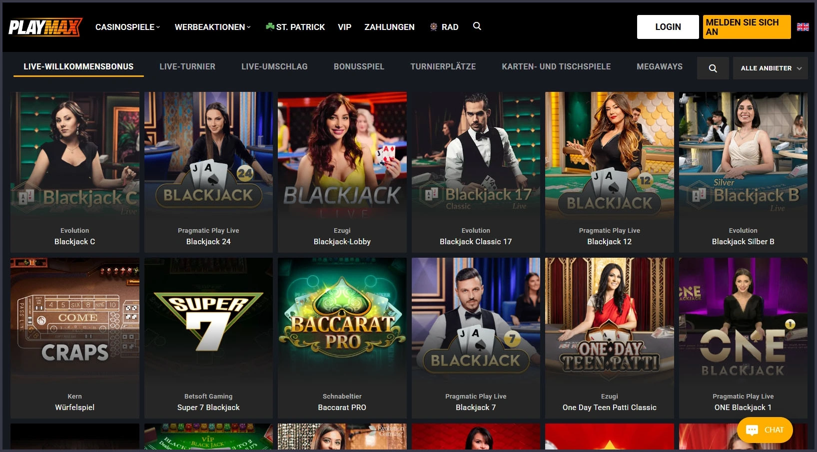 Übersicht aller Live-Casino-Spiele bei Playmax Casino