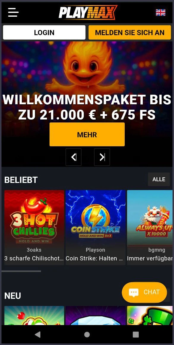 Optimierte mobile Version von Playmax Casino
