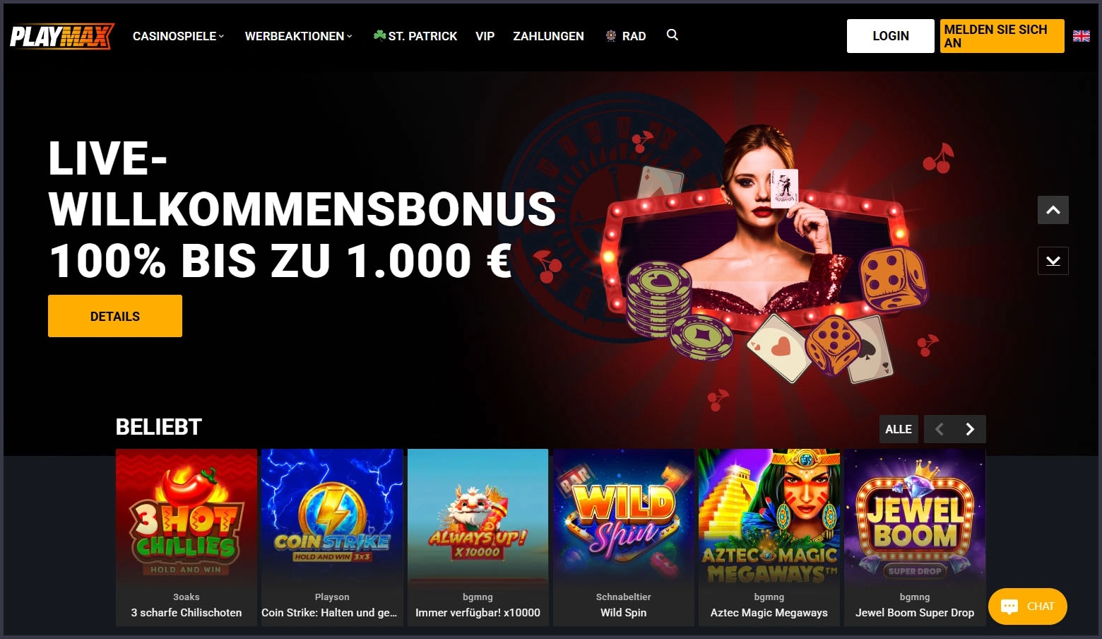 Übersicht der Playmax Casino-Hauptseite